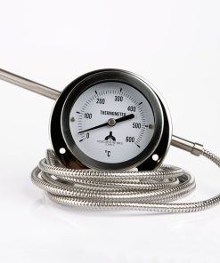This Temperature Gauge has a 75mm diameter face, and a 2500mm flexible Stainless Steel cable, with a probe that measures 200mm long and 10mm diameter.